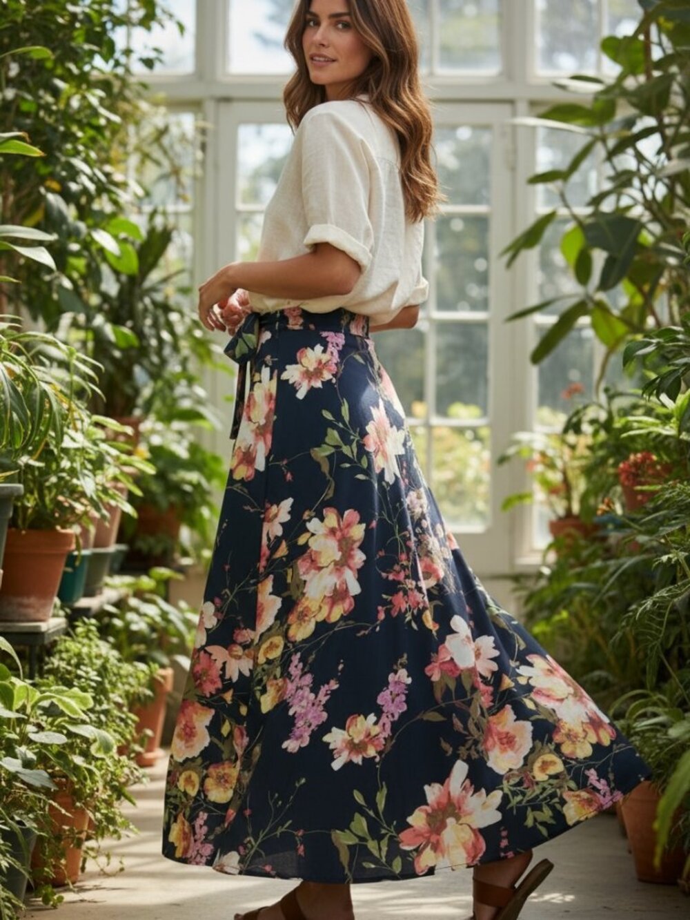 Navy Floral Maxi Skirt XS Tie Waist Boho 70s